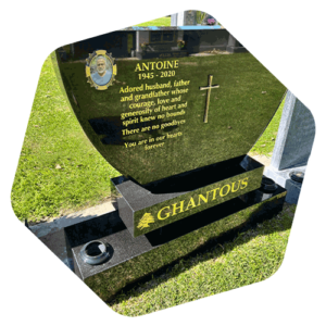 GM-Ghantous-HEADSTONE Custom shape headstone with gold gilding installed at Fremantle Cemetery