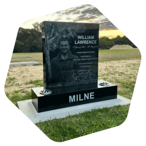 GM-MILNE-HEADSTONE Headstone in cemetery with gumtree lasered