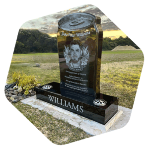 GM-WILLIAMS-HEADSTONE Custom beer can shape headstone installed at Esperance Cemetery