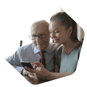 Family helping contact using phone