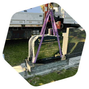 GM-INSTALL-REMOVAL Removing an exisiting headstone with crane for restoration and additional inscription